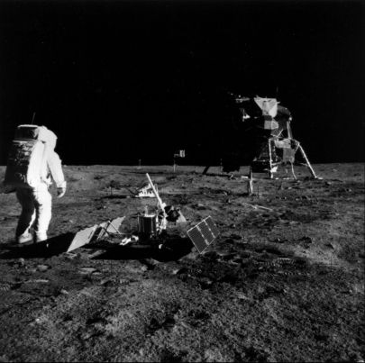 [Aldrin near seismometer]